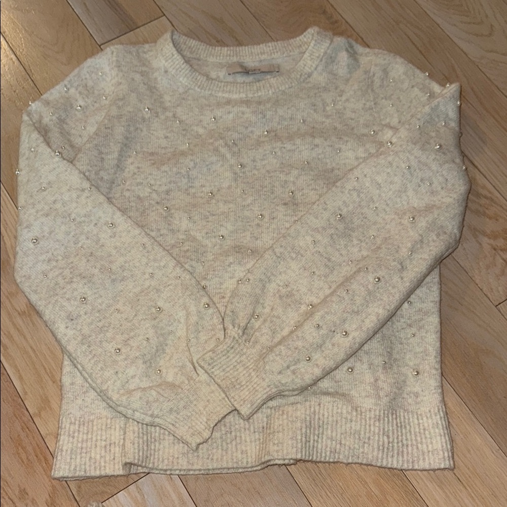 LOFT Cream Crew Neck Sweater with Ribbed Details